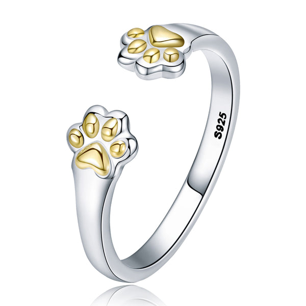 Golden Dog Paw Print Sterling Silver Rings